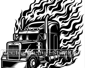 May include: Black and white illustration of a semi-truck with flames coming out of the back of the truck.