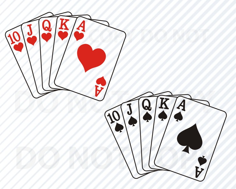 May include: Two sets of playing cards, one in hearts and one in spades, with the ace, king, queen, jack, and ten cards displayed. The cards are arranged in a fan shape, with the ace card at the top.