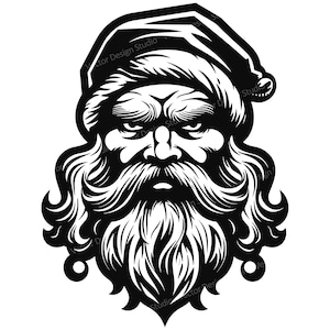 Könnte beinhalten: Schwarzweiß-Illustration von Santa Claus' Gesicht mit einem dicken Bart und einer Weihnachtsmütze.