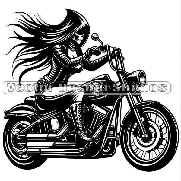 Biker Girl Svg & PNG Files, Woman Skull Motorcycle Clipart Silhouette Vector Image SVG Shirt Design Graphic, Girl Skeleton Grim Reaper Biker