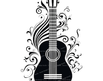 Guitarra acústica SVG, clipart floral, vector musical (archivo para imprimir)