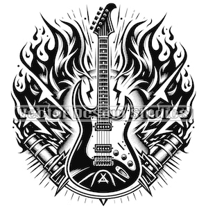 Puede incluir: Ilustración en blanco y negro de una guitarra eléctrica con llamas y rayos detrás. La guitarra tiene un cuerpo negro y una golpeador blanco. Las llamas son estilizadas y los rayos son afilados.