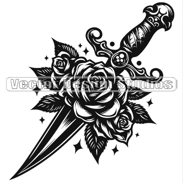 Knife with Roses Svg & PNG Files, Dagger with Rose Clipart, Dagger Silhouette Vector Image, Dagger Tattoo Clip art, Floral Digital Download