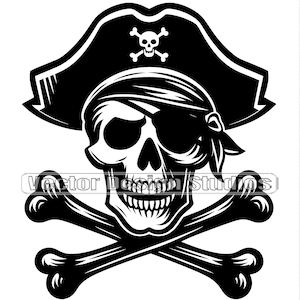 May include: Black and white illustration of a pirate skull wearing a hat and an eye patch, with crossed bones behind the skull.