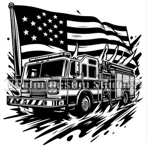 May include: Black and white illustration of a fire truck with an American flag in the background. The fire truck has a ladder and a hose. The flag is waving in the wind.