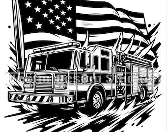 Firetruck USA Flag Clipart, Patriotic Firefighter Vector (Digital Download)