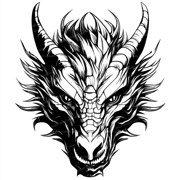 Fichiers SVG et PNG de tête de dragon, clipart d’image de tatouage de dragon, image vectorielle de silhouette, graphique de conception de chemise SVG, impression de fond transparent