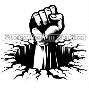 Fist Breaking Through Hole Svg & PNG Files, Clenched Fist Clipart Silhouette Vector Image, Cracked hole SVG T shirt Design, Digital Download