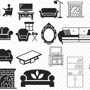 Op de afbeelding: Zwart-witte illustraties van verschillende woonaccessoires, waaronder banken, stoelen, tafels, lampen, open haarden en een spiegel.