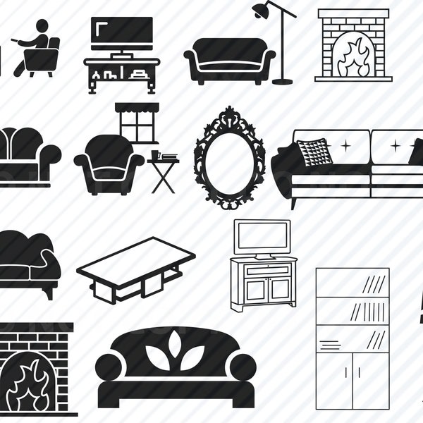 Living Room Furniture SVG Bundle - Couch chair table Silhouette Clip Art Sofa SVG Files- Eps, Png, dxf ClipArt Book shelf, Mirror