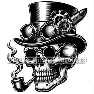 May include: A black and white illustration of a skull wearing a top hat with goggles and a feather. The skull is smoking a pipe.