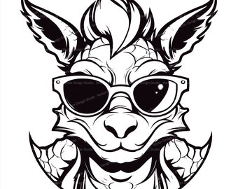 Dragon with Glasses Svg & PNG Files, Hip Dragon Clipart Silhouette Vector Image, Kids Coloring Page SVG, Transparent Background Print File