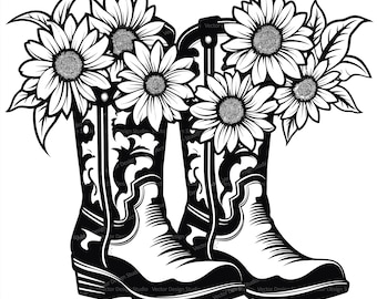 Cowgirl Boots with Sunflowers Svg & PNG Files, Western Clipart, Silhouette Vector Image, SVG Shirt Design Graphic, Transparent Background