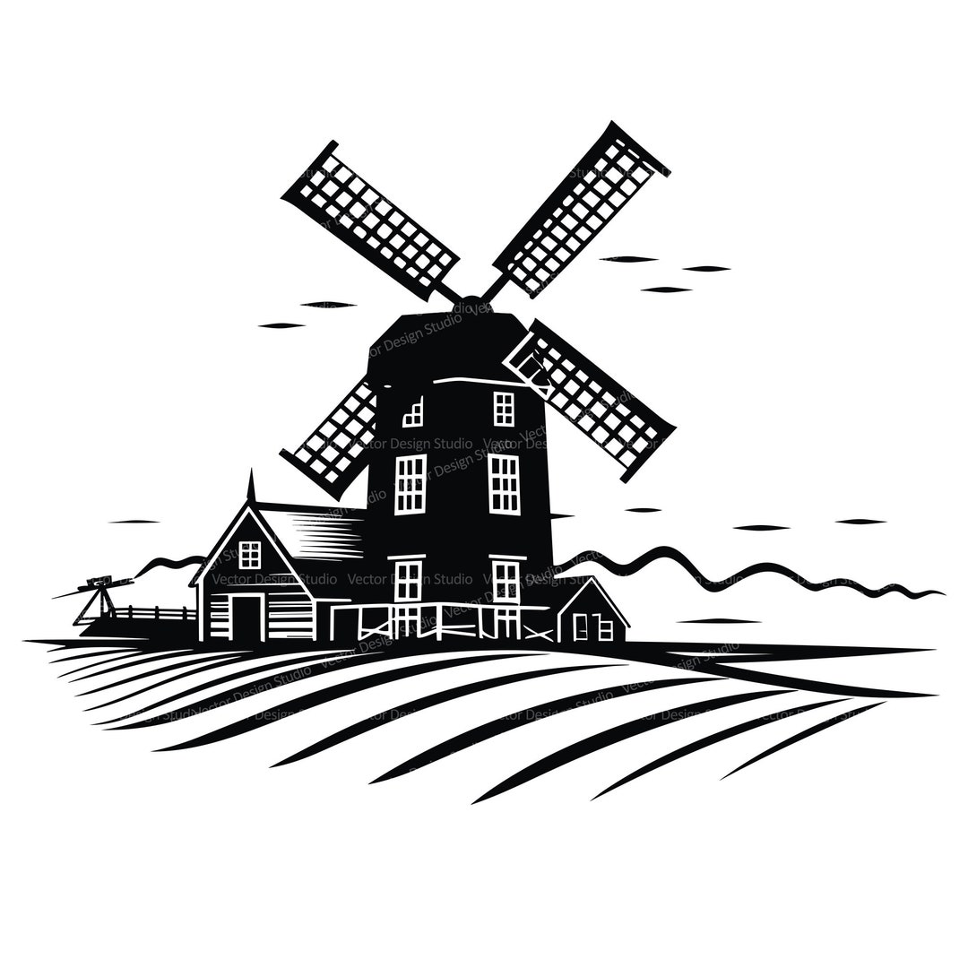 Old Farm Barn Windmill Svg & PNG Files, Farm Illustration Silhouette