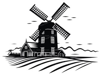 Old Farm Barn Windmill Svg & PNG Files, Farm Illustration Silhouette Clipart, Vector Image, SVG For T shirt Design, Transparent Background