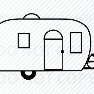 Peut inclure: Dessin au trait noir et blanc d'une caravane vintage avec deux fenêtres, une porte et une roue de secours.