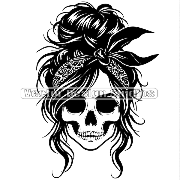 Messy Bun Mädchen SchädelSvg & PNG-Dateien, Mama Brötchen Haar Gesicht Clipart Silhouette Vektor-Bild, Skelett SVG-T-Shirt-Design, digitaler Download