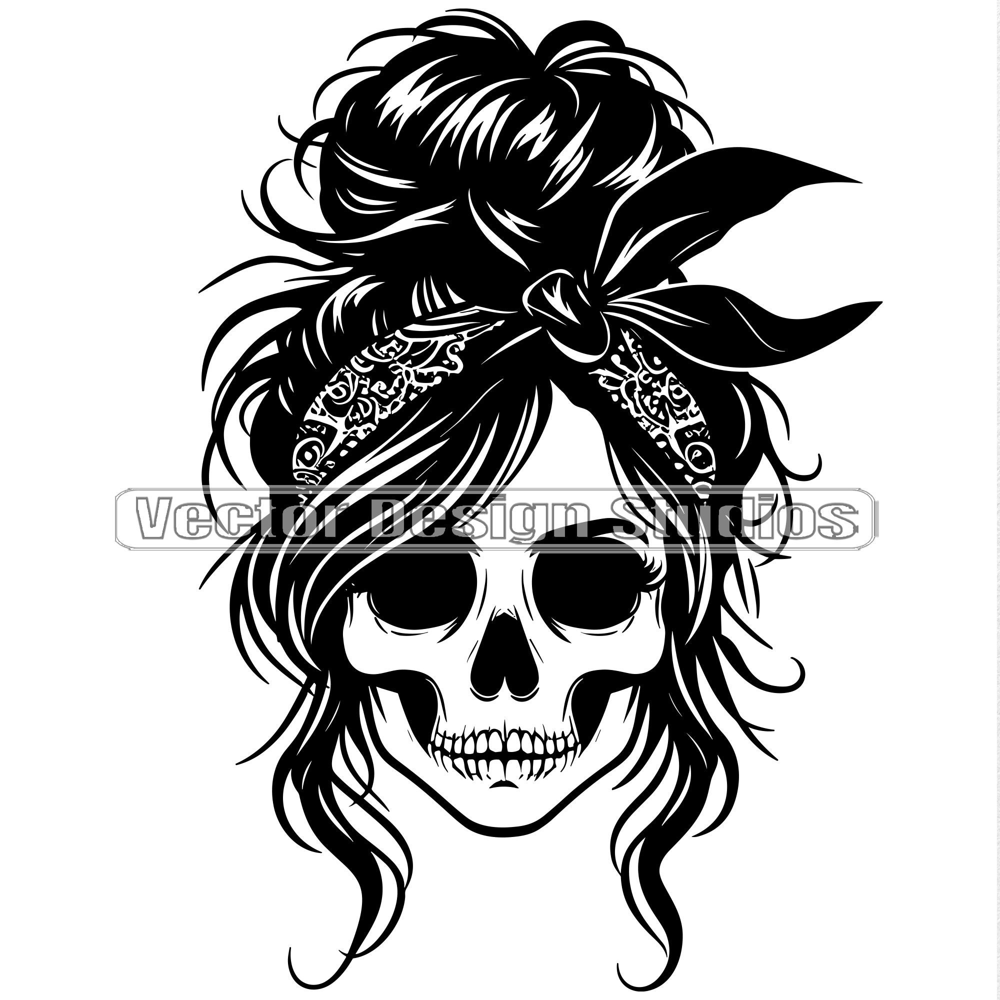 Archivos SVG y PNG de calavera de niña con moño desordenado, silueta de cara de cabello con moño de mamá, diseño de camiseta SVG de esqueleto, descarga digital