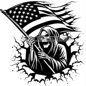 Grim Reaper US Flag Svg e file PNG, Morte che rompe il muro Clipart Silhouette Immagine vettoriale, Scheletro SVG Design Graphic, Patriotic Skull SVG