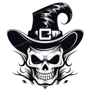 Halloween Skull with Witch Hat Svg File Graphic, Silhouette Vector Image clip art, Scary Skull Cut file, Cnc File Digital Download