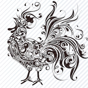 May include: A black and white stylized illustration of a rooster with intricate floral patterns throughout the design.