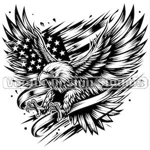 May include: Black and white illustration of an eagle with its wings spread wide, holding an American flag in its talons. The eagle is flying over a ribbon with the words "Vector Design Studios".
