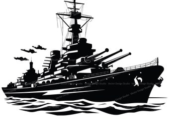 Battleship  Svg & PNG Files, Military Battle ship Clipart Silhouette Vector Image, Warship SVG For T shirt Design, Transparent Background