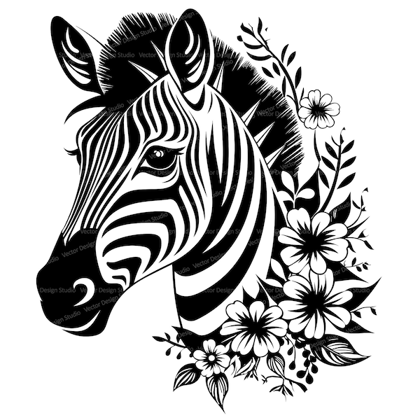 Cute Zebra with Flowers Svg & PNG Files, Safari Clipart Silhouette Vector Image, SVG For T shirt Design Transparent Background Print file