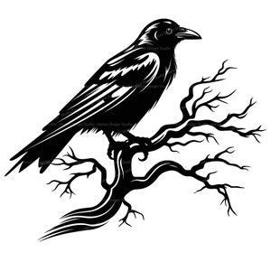 Crow on Tree Branch Svg & PNG Files, Halloween Crow Clipart Silhouette Vector Image, Bird SVG For T shirt Design Transparent Background