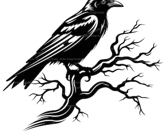Crow on Branch SVG, Halloween Clipart, Bird Silhouette (PNG, Vector)