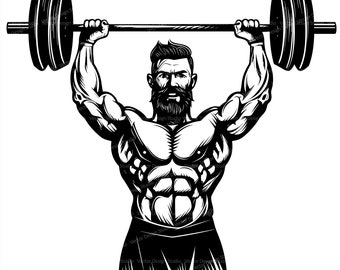 Weightlifting Bearded Man SVG, PNG, Silhouette Clipart (Digital Download)