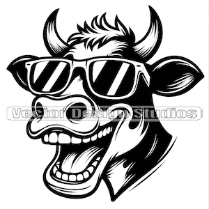 面白いメガネ頭牛 SVG ファイル - 笑う牛の顔のベクター画像、雌牛 SVG、面白い農場の動物 SVG デザイン、牛 png クリップアート