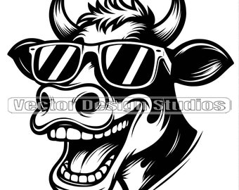 Funny Cow with Glasses  Head SVG File - Laughing Cow face Vector Images, Heifer Svg, Funny Farm animals SVG design, Cow png ClipArt