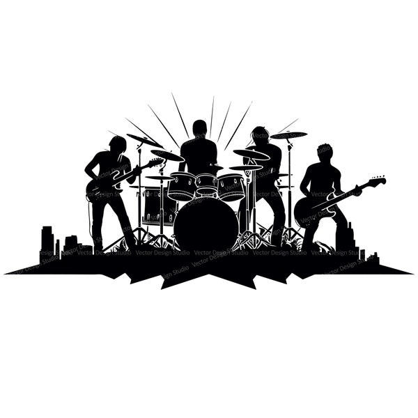 Rock Band Silhouette Svg & PNG File Graphic, Music Vector Clipart, Band Logo Illustration SVG For T shirt Design, Transparent Background