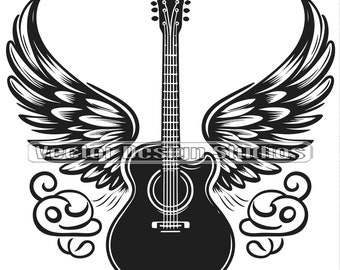 Guitar Angel Wings Svg & PNG File, Guitar Tattoo Clipart, Acoustic Guitar Vector Image, Rock and roll Tribute Shirt Design Graphic,