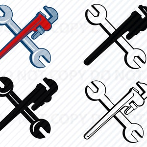 May include: A red adjustable wrench and a silver wrench crossed over each other. The tools are a symbol of repair and maintenance.