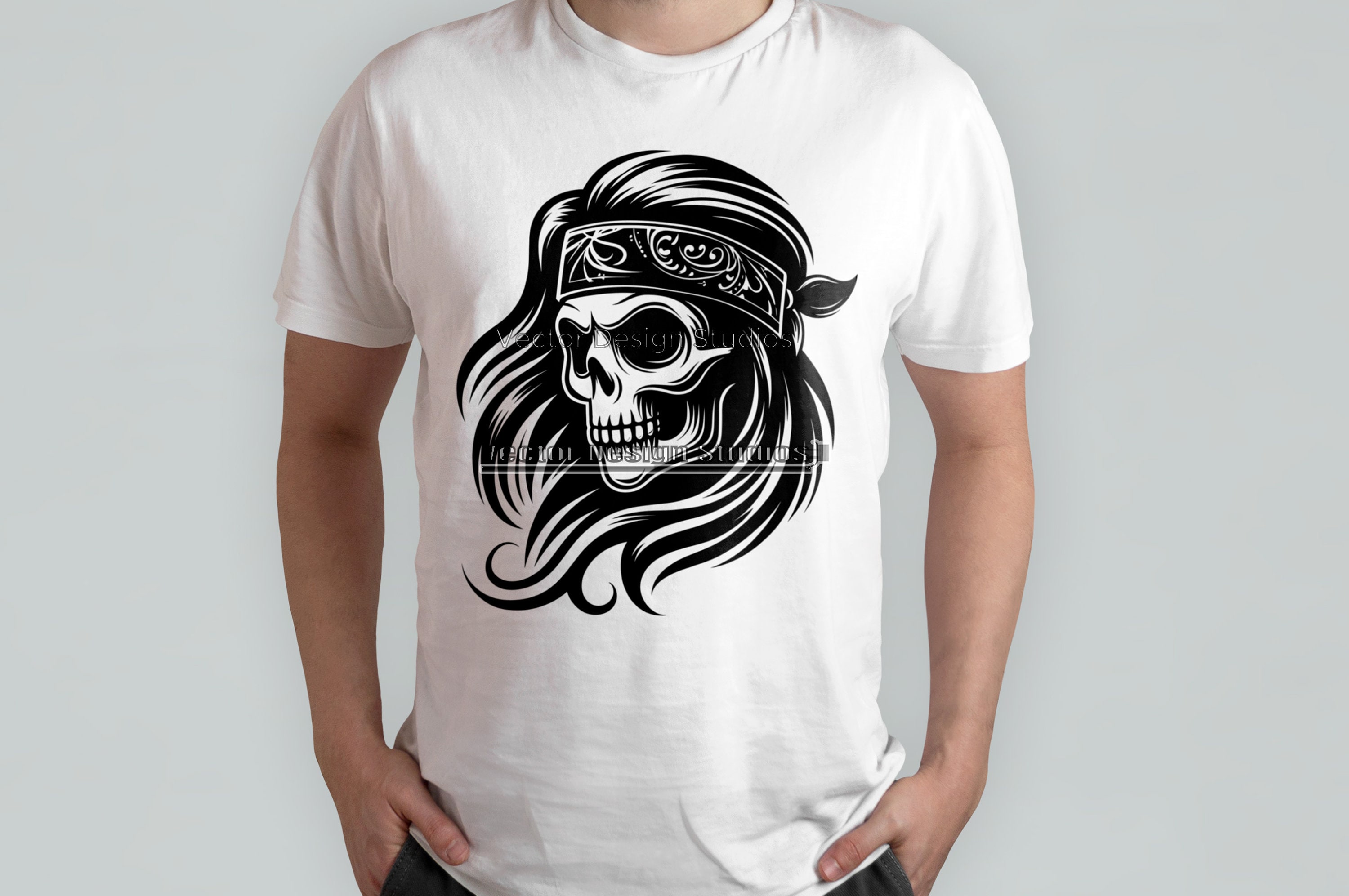 Skull Bandana SVG, Long Hair Skeleton Head Clipart (PNG, Vector