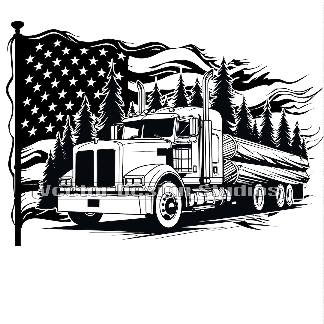 US Logging Truck With American Flag Svg & PNG File Graphic, Logger Rig