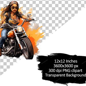 K&ouml;nnte beinhalten: Eine Frau mit Bandana und Sonnenbrille f&auml;hrt Motorrad. Das Motorrad ist orange und schwarz mit einem verchromten Auspuff. Der Hintergrund ist ein Aquarell in Orange und Gelb.