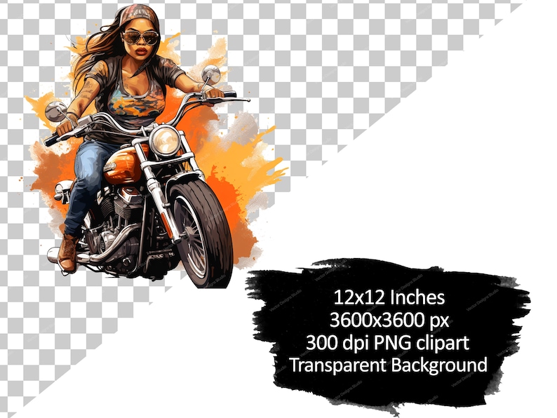 K&ouml;nnte beinhalten: Eine Frau mit Bandana und Sonnenbrille f&auml;hrt Motorrad. Das Motorrad ist orange und schwarz mit einem verchromten Auspuff. Der Hintergrund ist ein Aquarell in Orange und Gelb.