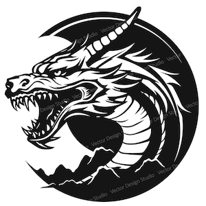 May include: Black and white illustration of a dragon's head with a fierce expression, set against a circular background.