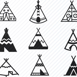 May include: Nine black and white illustrations of teepees with various patterns and designs. The teepees are all facing forward and are set against a white background with a diagonal pattern.