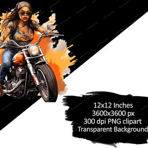 K&ouml;nnte beinhalten: Eine Frau mit Bandana und Sonnenbrille f&auml;hrt Motorrad. Das Motorrad ist orange und schwarz mit einem verchromten Auspuff. Der Hintergrund ist ein Aquarell in Orange und Gelb.