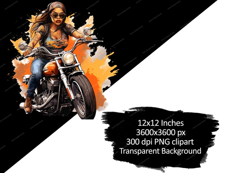 K&ouml;nnte beinhalten: Eine Frau mit Bandana und Sonnenbrille f&auml;hrt Motorrad. Das Motorrad ist orange und schwarz mit einem verchromten Auspuff. Der Hintergrund ist ein Aquarell in Orange und Gelb.