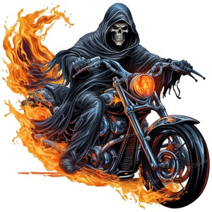 Grim Reaper Biker Png for Sublimation, Skeleton riding Motorcycle Chopper clipart, T shirt Design, Biker mug design clipart digital download