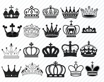 May include: A set of 20 black and white crown silhouettes. The crowns are in various styles, including traditional, medieval, and modern.