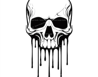 Dripping Skull Svg & PNG Files, Melting Skull Tattoo Clipart, Silhouette Vector Image, SVG Shirt Design Graphic, Transparent Background