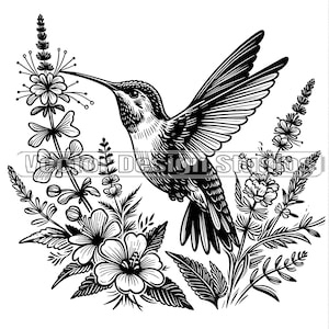 Colibri avec fichier SVG de fleurs sauvages Colibri fleurs svg Images vectorielles, fleurs sauvages SVG, clipart png floral, fichier laser fleurs de printemps