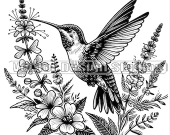 Hummingbird with Wildflowers SVG File Hummingbird flowers svg Vector Images, Wildflowers SVG , floral png ClipArt, Spring flowers Laser file