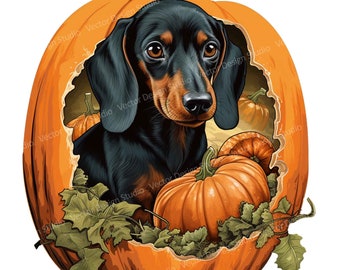 ダックスフントのカボチャのハロウィンPNG、犬のクリップアート（デジタルダウンロード）